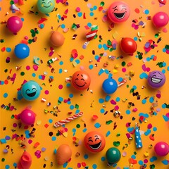 Happy Emoji Balloons on a Confetti Background