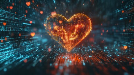 Glowing digital heart symbol with sale text, surrounded by data streams and small hearts.