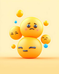 Stacked sad emojis with floating spheres