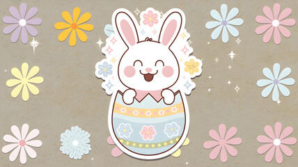 Cute cartoon bunny sitting in a decorated Easter egg surrounded by colorful flowers and sparkles