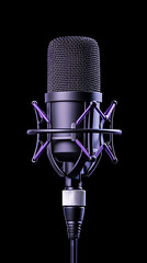 Studio condenser microphone with purple shock mount against black background