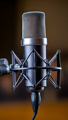 Studio condenser microphone with shock mount, close-up