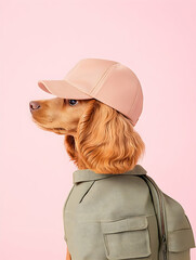Stylish Cocker Spaniel dog wearing a baseball cap, shirt, and backpack against a pink background