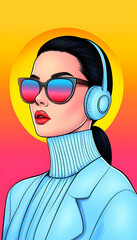 Stylish woman in sunglasses and headphones against a vibrant sunset backdrop