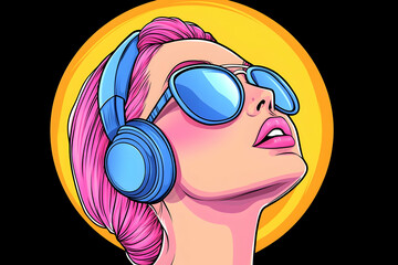 Stylish woman with pink hair, blue headphones, and sunglasses, looking up at a sun