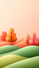 Stylized autumn landscape with rolling hills and colorful trees