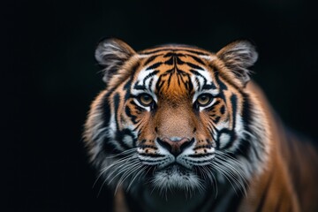 Naklejka premium Majestic tiger gazing intensely in a shadowy forest at dusk, showcasing its powerful gaze and vibrant orange coat Generative AI