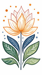 Stylized orange and white lotus flower with green leaves
