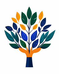 Stylized tree with diverse leaves held by hands, symbolizing growth, diversity, and care