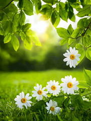 Sunlit daisies in lush green grass framed by leaves