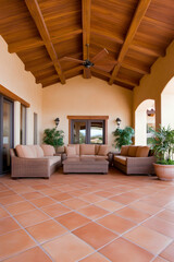 Sun-drenched patio with terracotta tile floor, wooden ceiling, and comfortable wicker furniture