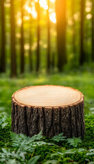 Sunlit forest scene with a tree stump in the foreground