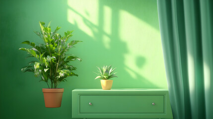 Sunlit green room with plants on a side table and green curtains
