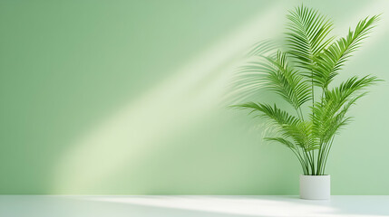 Sunlit green wall with potted palm plant
