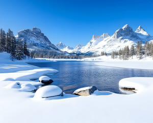 Sunlit, snow-covered lake nestled amidst majestic, snow-capped mountains under a vibrant blue sky