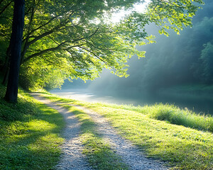 Sunlit path by a tranquil river, lush green trees, misty morning