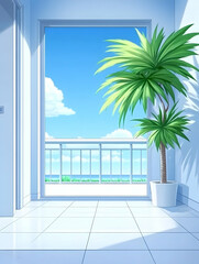 Sunny balcony view from a bright, minimalist hallway with potted plant