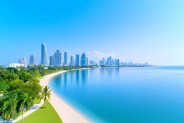 Sunny coastal city skyline with beach and palm trees