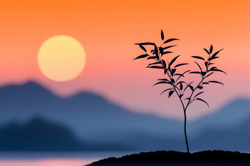 Silhouetted sapling at sunset over misty mountains