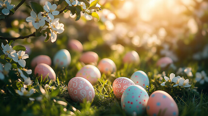 A photo of Easter eggs scattered on the grass, surrounded by blooming apple trees and flowers, with sunlight filtering through them