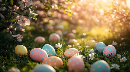 A photo of Easter eggs scattered on the grass, surrounded by blooming apple trees and flowers, with sunlight filtering through them