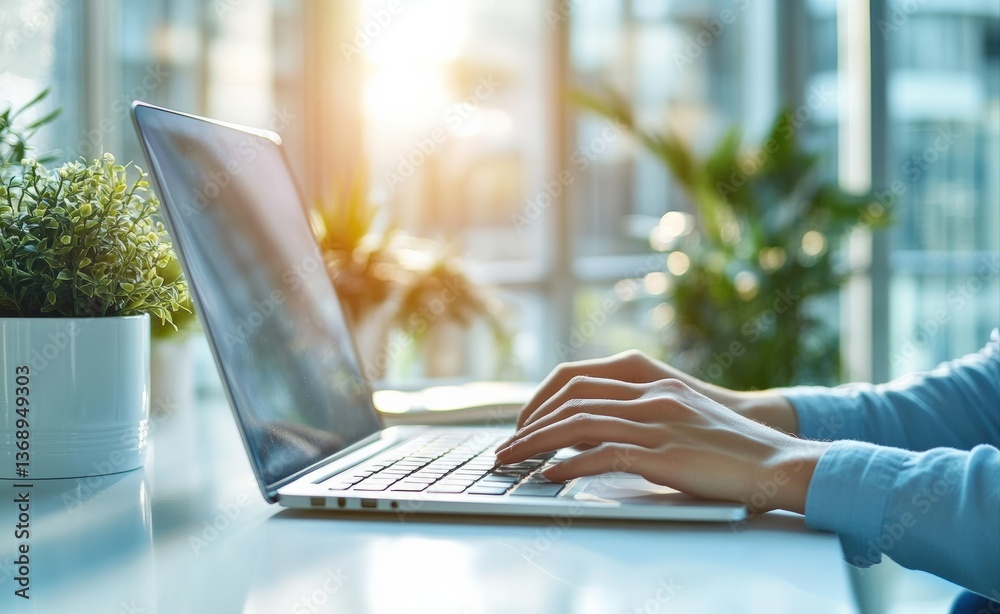 Poster office worker typing on laptop in modern office with large windows