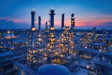 Industrial refinery plant with night sky and lights shining brightly. For themes of oil, gas, energy, chemical production and engineering.
