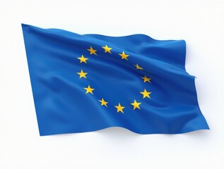 European flag with stars and blue sky in realistic design on white, Europe Day theme.