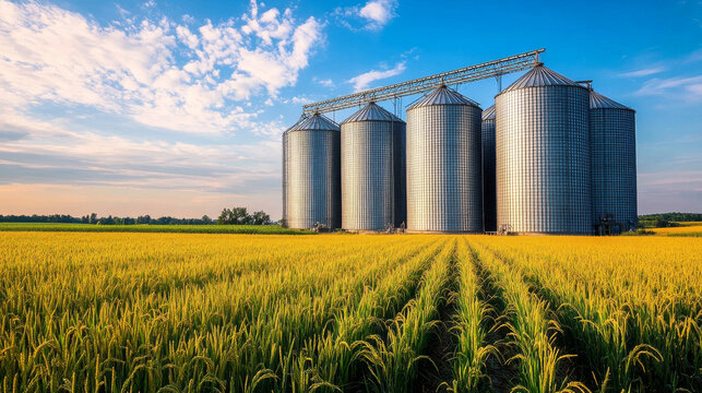Large agricultural silos stand against a blue sky, serving as storage and drying facilities for grains, wheat, corn, soy, and sunflower crops amid rice fields