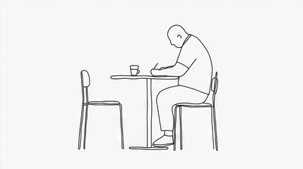 Man writing at table in cafe. Single line drawing of writing man with coffee. For design, website use