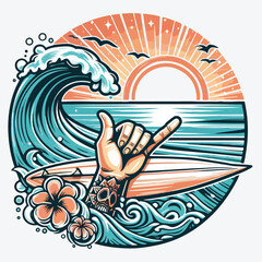 Shaka hand and surfboard in the sea stock illustration