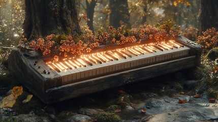 Glowing Piano in Autumnal Forest