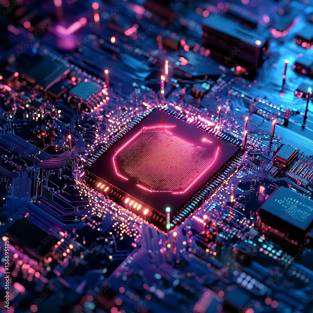 Poster close-up view of a computer circuit board with a central processor chip, highlighted with vibrant ne