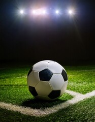 Fototapeta premium Soccer ball on field under bright stadium lights at night