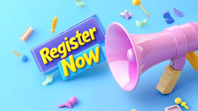 Pink megaphone announces registration; blue background