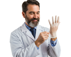 Doctor in Lab Coat Preparing for Work with Microscope on Desk