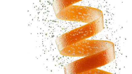 Png of A vibrant orange spiral resembling a citrus peel, adorned with bubbles, creating an energetic and refreshing mood on transparent background.