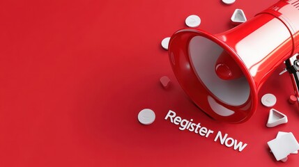 Red megaphone announces registration on red background