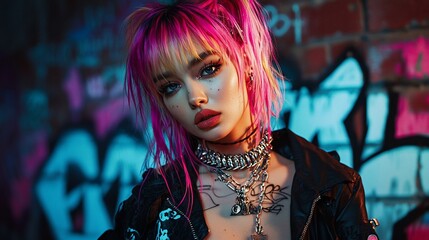 Pink-haired model, urban backdrop, graffiti wall, confident pose, fashion editorial