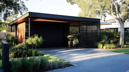 Modern home carport exterior with dark paint and natural wood accent walls. Good for architecture blogs, real estate ads, or home improvement articles.