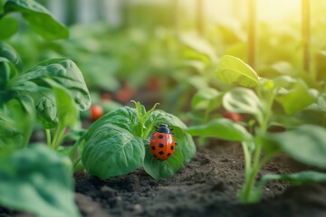 Close up of a ladybug crawling on a leaf in a greenhouse, showcasing natural pest control methods in agriculture