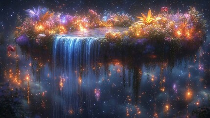 Ethereal Floating Island with Glowing Waterfall and Flowers