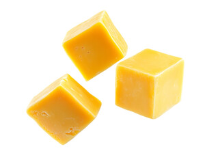 Three Golden Yellow Cheese Cubes Levitating Against Transparent Background, PNG