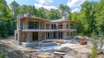 A modern house is under construction surrounded by trees and blue sky. Use for real estate, architecture, or construction industry content.
