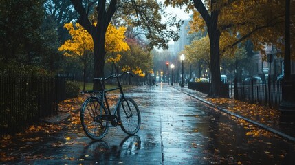 Fototapeta premium Rainy autumn day; bike on wet path, fallen leaves.