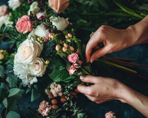 A person arranging a bouquet of flowers by hand
