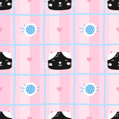 Vector seamless pattern with kitten faces, hearts, and flowers. Perfect for kids clothing, nursery decor, and wrapping paper. Bright, playful, and trendy design
