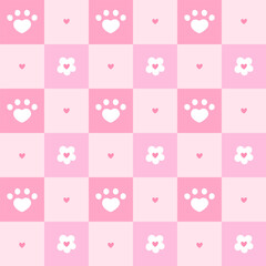 Seamless pattern featuring cute cats paws, hearts, and flowers. Ideal for fabric prints, wallpaper, and kids products. Soft, pastel colors and trendy style