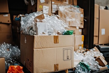 Cardboard boxes filled with bubble wrap and packaging materials in a warehouse during daylight hours