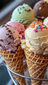Colorful ice cream cones with vibrant sprinkles on a white background, perfect for desserts, parties, or summer themes
